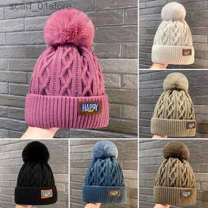 Beanie/Skull Caps Korean Knitted Cold Hats Faux Fur Embroidery Letter Beanie Female Soft Solid Color Crochet C Winter Plus Velvet Warm Wool HatL231202