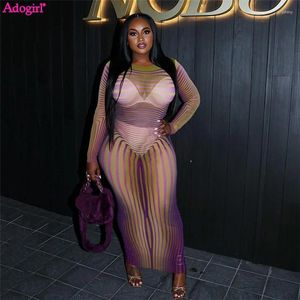 Vestidos casuais adogirl listra impressão sheer malha bodycon maxi vestido mulheres sexy ver através de manga longa elástico clube festa robe streetwear