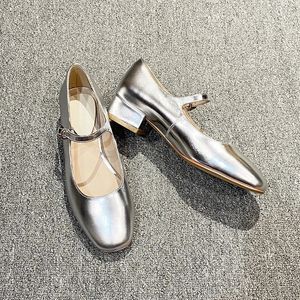 Dress Shoes Silver Thick Heels Mary Jane Shoe Buckle Strap Square Toe Pumps Woman Med Heele Patent Leather Female 231201