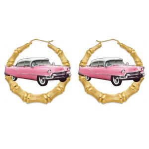 Women's Metallic Pink convertible classic lowrider car hoop bamboo earrings3013