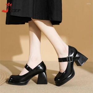 Klänningskor vintage Mary Jane Platform High Heels Women Spring Autumn Round Toe Chunky Heeled Pumps Black Women's Evening