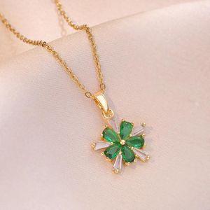 Naszyjniki wisiorek łańcuch stali nierdzewnej elegancki vintage zielony kryształowy kwiat cyrkonu dla kobiet dama biżuterii
