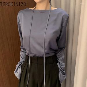 Blusas femininas terokinizo o pescoço rendas até blusa de cetim mulheres camisas de moda coreana feminina cor sólida manga longa senhoras do escritório blusas mujer