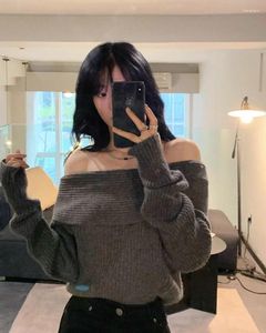 Women's Sweaters Pullover Women Lazy Style Y2k Grey Off Shoulder Sweater Female Knitwear Sueter Mujer Oversized Black Tops