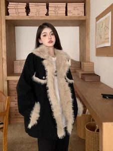 Women's Fur Retro Patchwork Black Plush Denim Jacket For Women With And Thickened Loose Fitting Medium Length