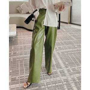 Kvinnor Pants S Green Faux Pu Leather Woman Y2K Kläder Wide Leg OEM Trousers Casual Cargo Korean Fashion Vintage Streetwear 231201