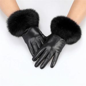 Fingerless Gloves Arrival Wholesale Women's Real Sheepskin Leather Gloves With Rabbit Fur Cuffs Female Cycling Warm gloves Fleece Lining 231201