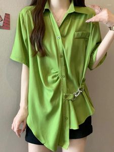 Women's Blouses TPJB Asymmetric Single Breasted Green Shirt For Women Fashion Short Sleeve Bandage Metal Buckle Big Size Blouse Summer