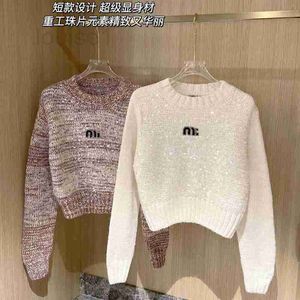 Kadın Sweaters Tasarımcı Markası 23 Muimui Yeni Ağır Endüstri Su Elmas Boncuk Sequin Kısa Kazak Düz Tüp Çok Yuvarlak Yuvarlak Boyun