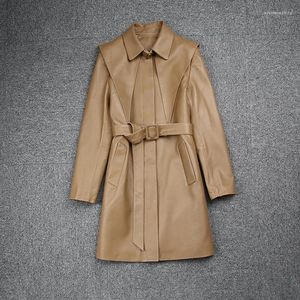 Женские тренчи, весна-осень, дизайнерское высококачественное пальто с поясом из натуральной кожи, шикарное повседневное пальто C071