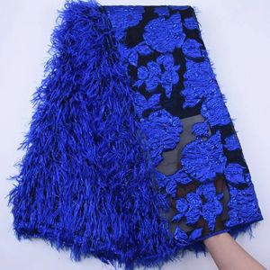 Tyg och sömnad 2023 Senaste Royal Blue French Tulle Lace Fluffy Feather Mesh African Embroidery For Wedding Dress S1789 231201