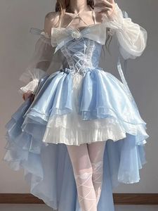 Basic Casual Dresses WDMSNA Blue Lolita Hanging Neck Strapless Dres Front Short and Back Long Vestidos Large Bow Flower Princess 231202