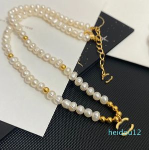 Letter Pendant Necklace Chain Women Never Fading Real Gold Plated Brass Copper Natural Pearl Necklaces Choker Pendants Wedding Jewelry Love Gifts