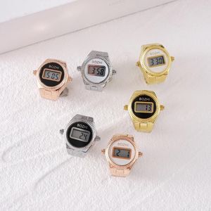 Anéis de cluster moda dedo relógio anel para mulheres homens mini cinta elástica liga casal relógios retro eletrônico digital