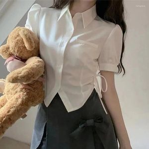 Bluzki damskie białe koszule kobiety preppy bandaż puchanie rękawy uprawy uczeń Student Summe Y2K Korean Shirring koronkowy szczupły swobodny