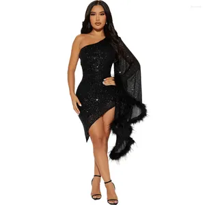 Casual Dresses Autumn Sexy Birthday Party Night Evening For Women Feather Clock Long Sleeve Sequined One Shoulder Irregular Vestidos
