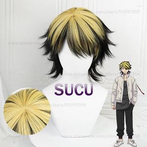 Impreza dostarcza anime Tokyo Revengers Hanemiya Kazutorta Cosplay Wig 37cm Czarne złote, krótkie, odporne na ciepło syntetyczne włosy Halloweenowe peruki