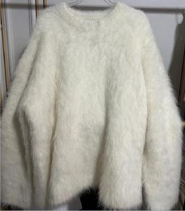 Xiaoxiang Maj-e Suéter de pelúcia branco com gola redonda de vison feminino outono/inverno solto e preguiçoso macio glutinoso inverno malhas de leite espessadas