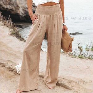 여성용 바지 Capris 2023 Spring Summer Women 's Long Pants Office Lady Elastic Waist Long Pants 캐주얼 한 느슨한 넓은 다리 해변 바지 T231202