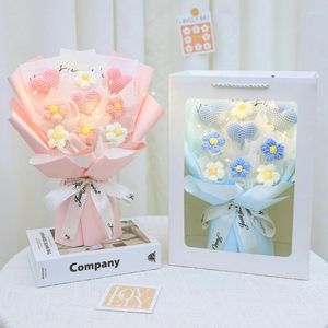 Decorative Flowers Crochet Woven Bouquet With Led Lamp For Teacher Gift Heart Shape Artificial Birthday