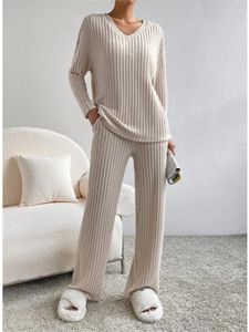 Mulheres sleepwear outono inverno mulheres pijamas com decote em v pulôver calças 2 peças conjuntos confortáveis cor sólida casual moda pit stripe malha