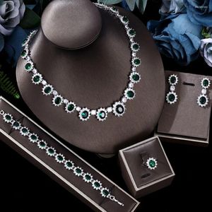 Conjunto de brincos de colar luxo verde azul zircônia cúbica casamento joias de noiva 4 peças pulseira de anel para noivas