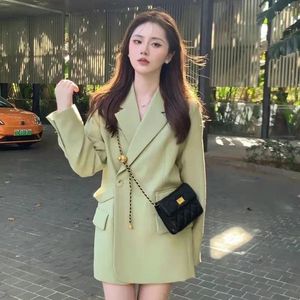 Ternos femininos soltos blazers sobre longo verde feminino casacos e jaquetas sólidas ofertas roupas coreano inverno jaqueta vestido 2023
