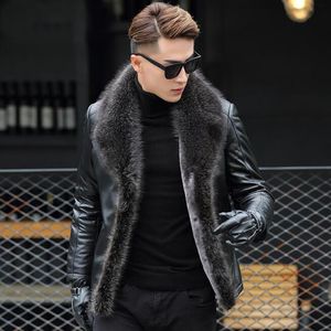 冬のメンズ服新しい毛皮の襟のターンダウン本物の革の男性毛皮の固形色のアウターウェアコート厚い暖かいパーカ