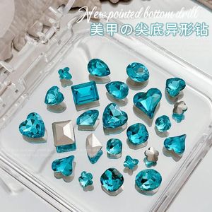 Nail Art Decorations 5Pcs Lake Blue Pointed Bottom Crystal Drills Shiny Heart Square Rhinestone Manicure Accessories Wholesale