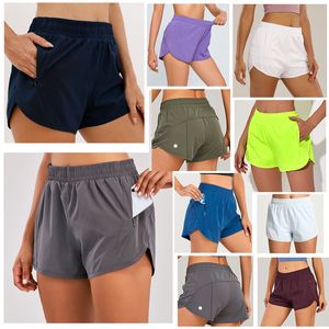 Calças curtas de ioga LLu para mulheres Roupas de ioga de cintura alta para corrida Shorts elásticos para exercícios Calças para adultos com zíper bolsos suspensos Roupas esportivas para meninas com cordão contínuo