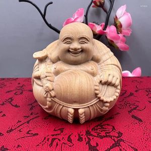 Dekorativa figurer yaibai boxwood carving runda och vänliga Big Belly Maitreya Buddha Happy Smile Hand Piece Home Bil Decoration Statue