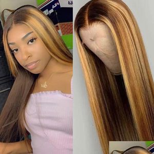 Синтетические парики Ombre High Gloss Wig Коричневый Медовый Блондин Цвет Hd Общий кружевной фронт Человеческие волосы Прямые Fl 360 Продукты прямой доставки Dhqs8