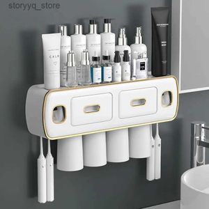 Toothbrush Holders Drawer Type Double Tooth Squeezer Multifunctional Wall Mounted Toothbrush Holder Bathroom Toothbrush Cup Wash Set Q231202