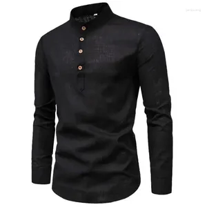 Camisas casuais masculinas camisa slim fit negócios gola de algodão meia aberta moda cor sólida manga comprida