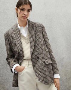 Women's Jackets 2023 B C Elegant Luxury Coats Grid Pattern Single Button Blazers Female Jacket Wool Suit Clothing