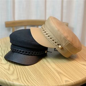 Береты в стиле ретро из искусственной кожи с цепочкой, женские осенне-зимние шапки, восьмиугольная кепка для женщин, повседневная шерстяная шапка, британский берет, кепка художника 231201