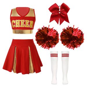 Cheerleading Kinder Schule Mädchen Cheerleader Uniformen Ärmel Crop Top Rock Socken Kleidung Sets Kinder Cheerleading Tanz Kostüme Outfits 231201