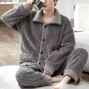 Pijamas masculinos cor sólida loungewear conjunto aconchegante inverno homewear lapela de pelúcia pijama com cintura elástica textura de onda de água quente para homem