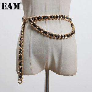 Waist Chain Belts EAM Pu Leather Black Metal Chain Split Joint Long Belt Personality Women Fashion All-match Spring 1T186 231201