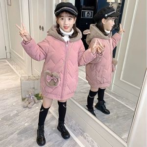 Para baixo casaco 6 8 10 12 14 anos meninas grandes mais veludo quente jaqueta de inverno para menina moda com capuz longo parkas crianças outerwear roupas 231202