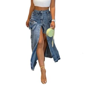 Abito a due pezzi Moda Donna Multi tasca Gonna di jeans con giunture Sexy Orlo diviso Vita alta Mezza corpo Tendenza Casual Tute da streetwear Indossare 231201