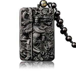 Natural Obsidian Pendant with Beads Chain Dragon Guan Gong Guan Yu Hold Broadsword Knight Pendant Halsband för män Kvinnor smycken 2223p