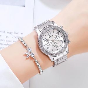 Relógios de pulso mulheres relógios moda rosa relógio de ouro pulseira conjunto senhoras aço inoxidável pulseira de prata feminino quartzo