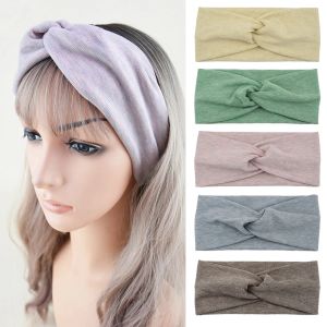 Mulheres tricô bandana turbante torção algodão hairband meninas cor sólida maquiagem elástica espiral cruz bandana acessórios para o cabelo