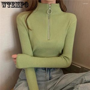 Kvinnors tröjor White Turtleneck tröja Kvinnor 2023 Autumn Winter Fashion Sticked Jumper Solid Long Sleeve Green dragkedja Pullover