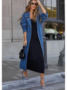 Женские тренчи, джинсовое пальто в стиле ретро, женское пальто на осень-зиму 2023, модная однотонная джинсовая куртка на пуговицах с длинными рукавами и пальто с поясом