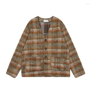 Men's Jackets Y2k Brown Plaid Mohair Cardigan Wool Blend Knit Sweater Unisex Streetwear Ropa Hombre V-neck Fur Coat Oversized Casual