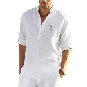 Camicie casual da uomo in lino per uomo a maniche lunghe in tinta unita colletto alla coreana da spiaggia magliette incrociate maschili di alta qualità vestiti