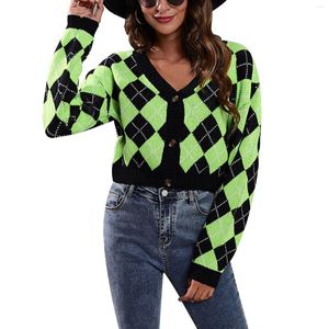 Women's Jackets Plaid Sweater Cardigan Tops Long Sleeve V-neck Knitted Women Argyle Knitting Spring Autumn All-match Sweaters Pullover Coat