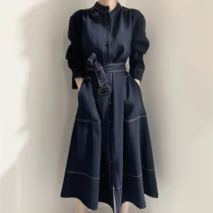 Women's Trench Coats Korean Chic Minimalist Elegant Standing Neck Open Line Single Breasted Loose Strap Windbreaker Style Long Dress